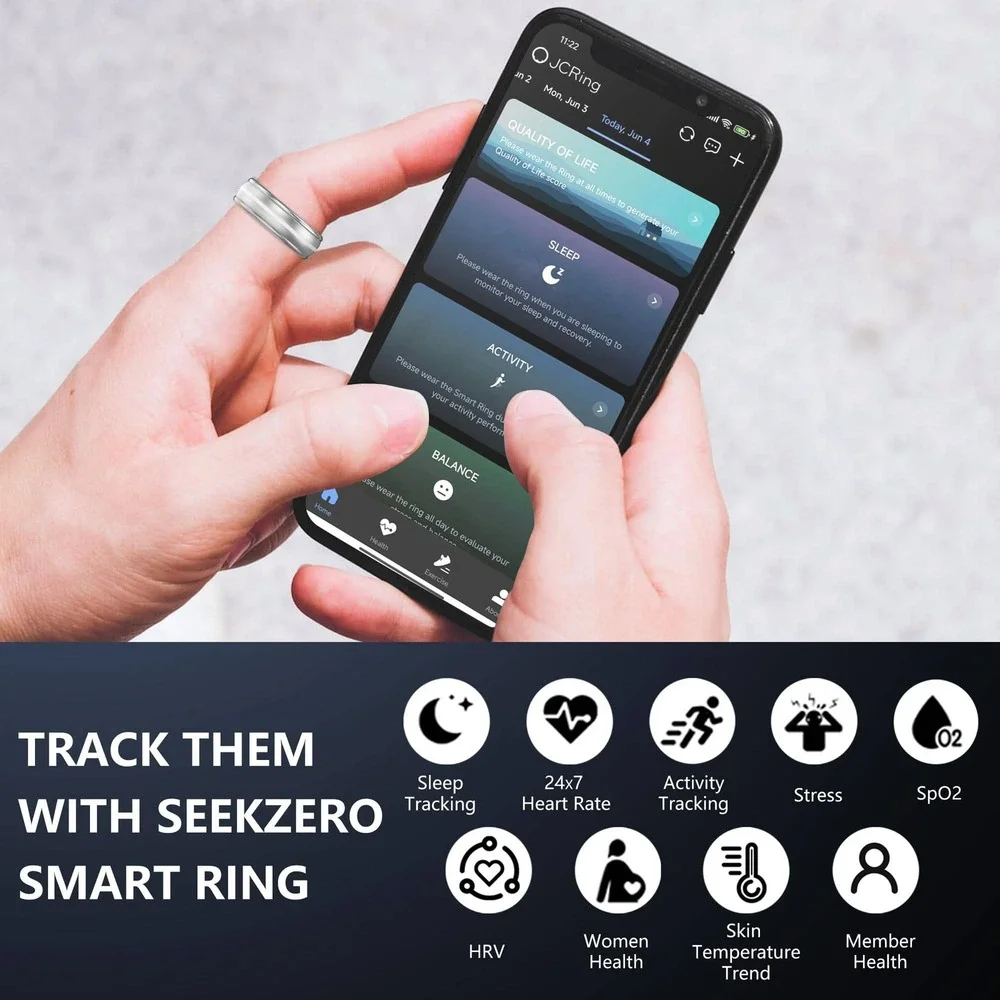 SeekZero X1A02 Smart Ring Titanium Health Sleep Heart Rate Tracker Silver Size 7